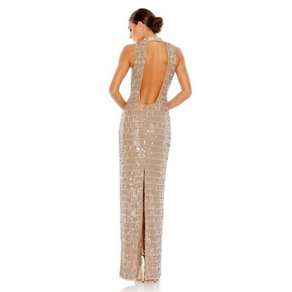 NWT Mac Duggal High Neck Column Gown Maxi Dress Sleeveless Sequined Taupe Size 8 - Picture 2 of 11